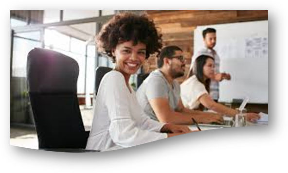 Smiling woman sitting at a conference table